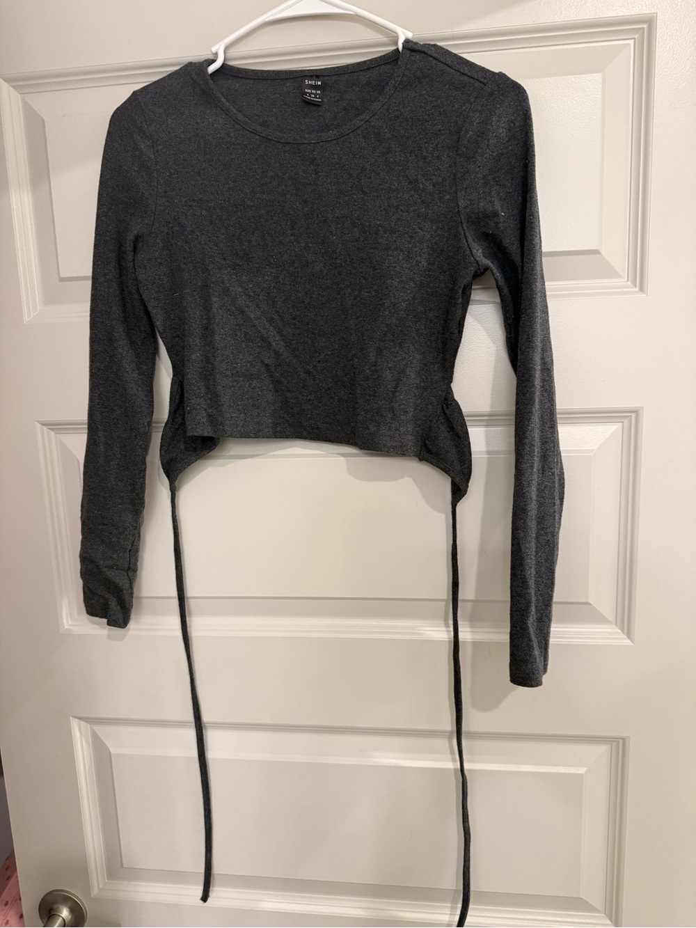 SHEIN Dark Gray Cropped Long Sleeve Tie-Front Top
